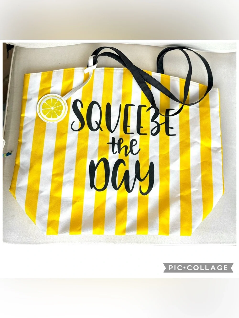 Lemon “Squeeze the Day” Striped Beach Tote Bag w/ Lemon Charm Large Summer Bag
